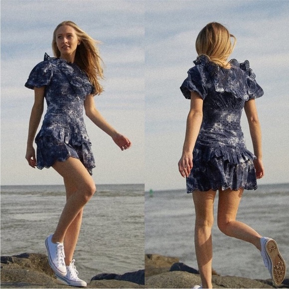 LoveShackFancy Fritzi Ruffle Eyelet Lace Mini Dress Midnight Tie Dye Blue Size 4 - Picture 2 of 9